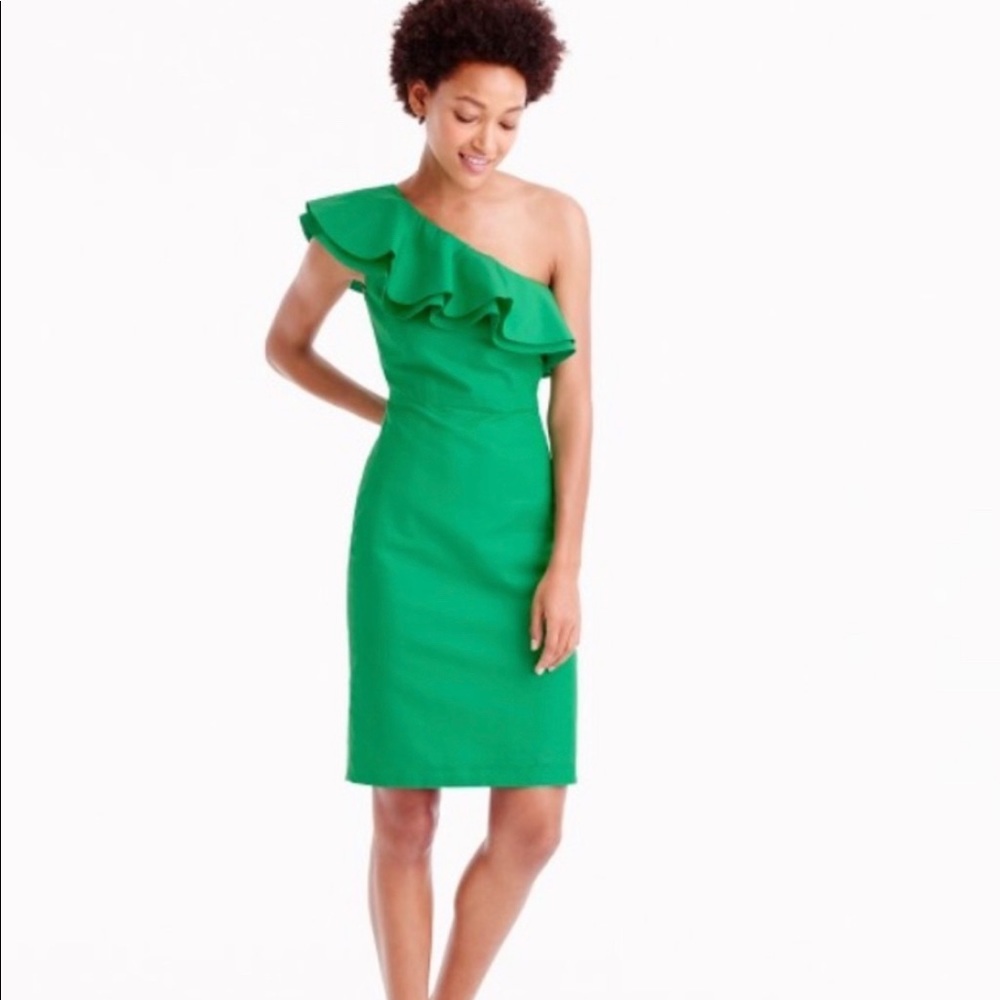 SOLD*NWT J. Crew Green One Shoulder Ruffle Dress - Picture 2 of 8